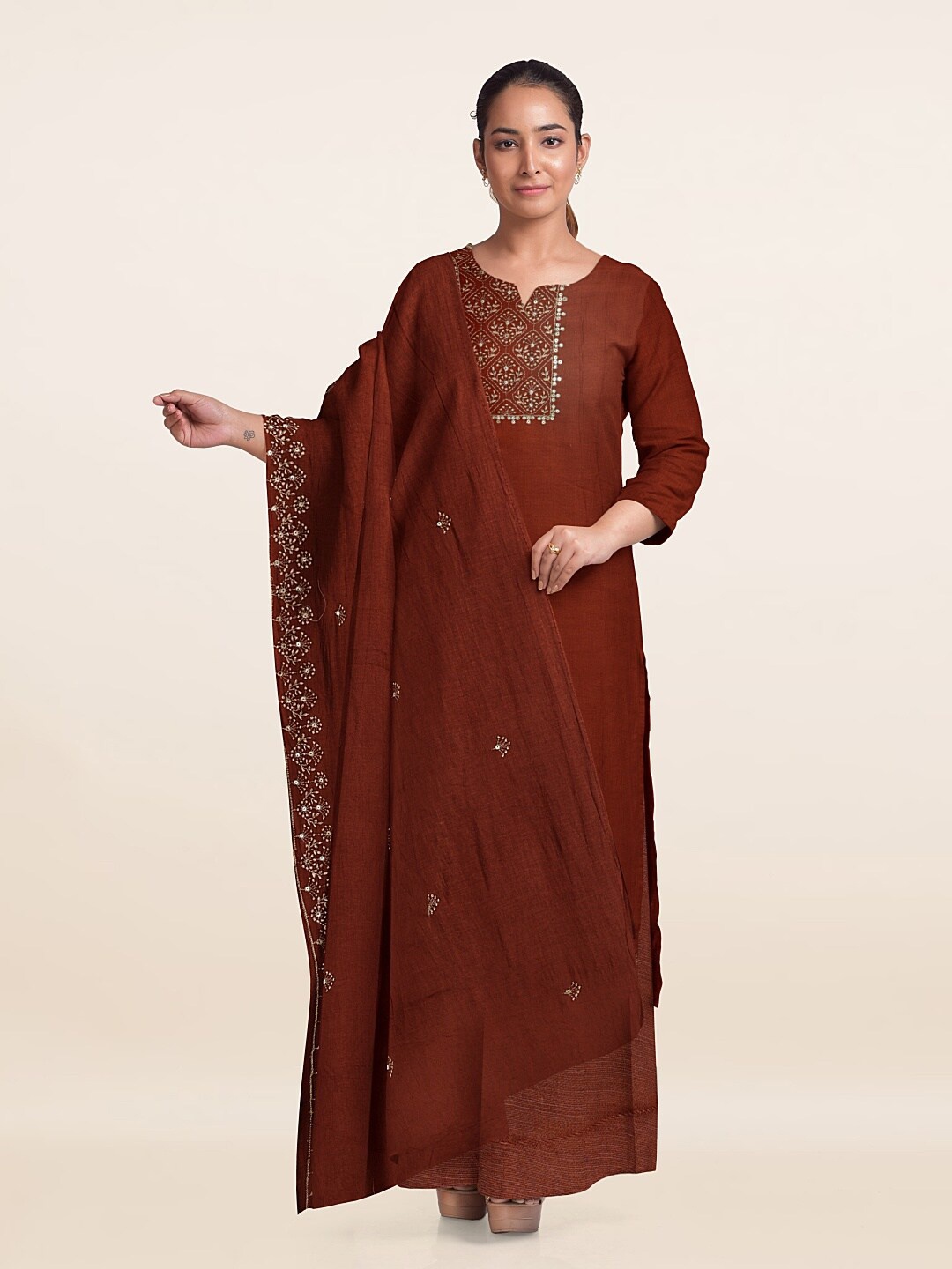 

Pothys Embroidered Unstitched Dress Material, Copper