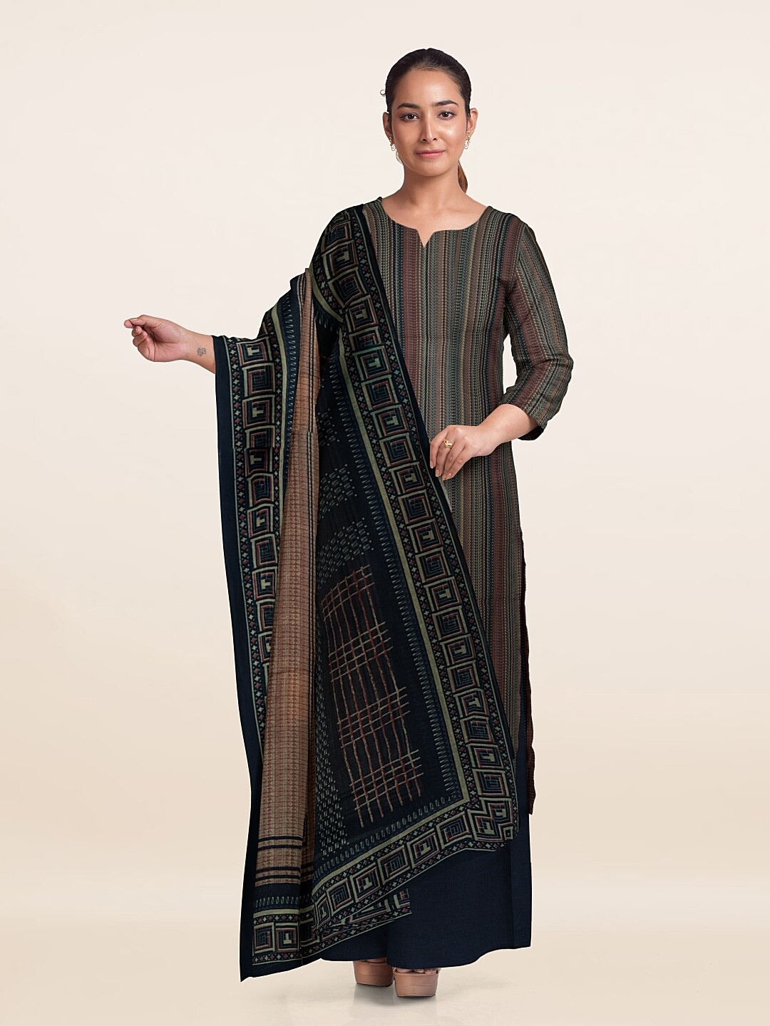 

Pothys Striped Unstitched Dress Material, Green
