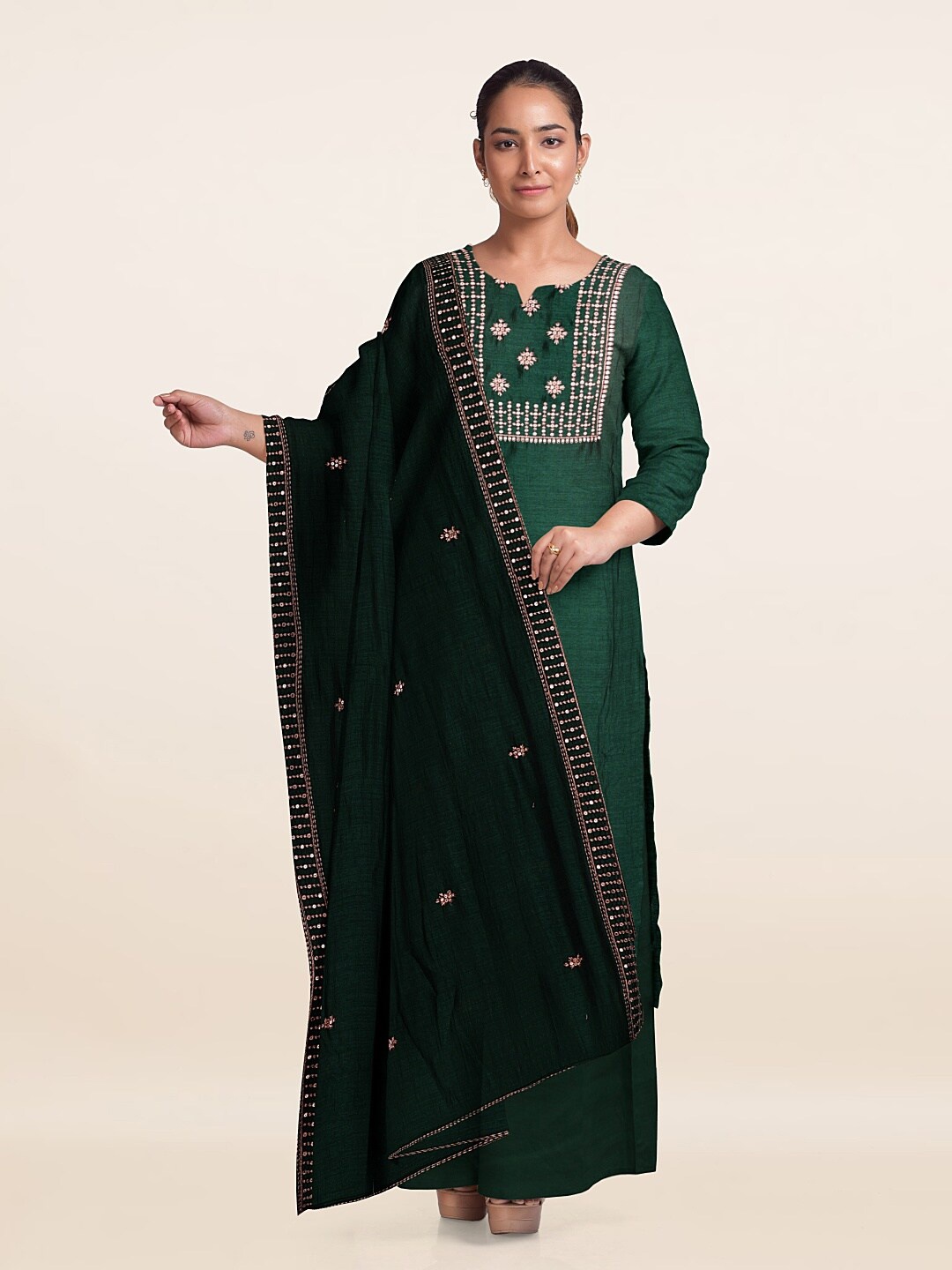 

Pothys Embellished Unstitched Dress Material, Green