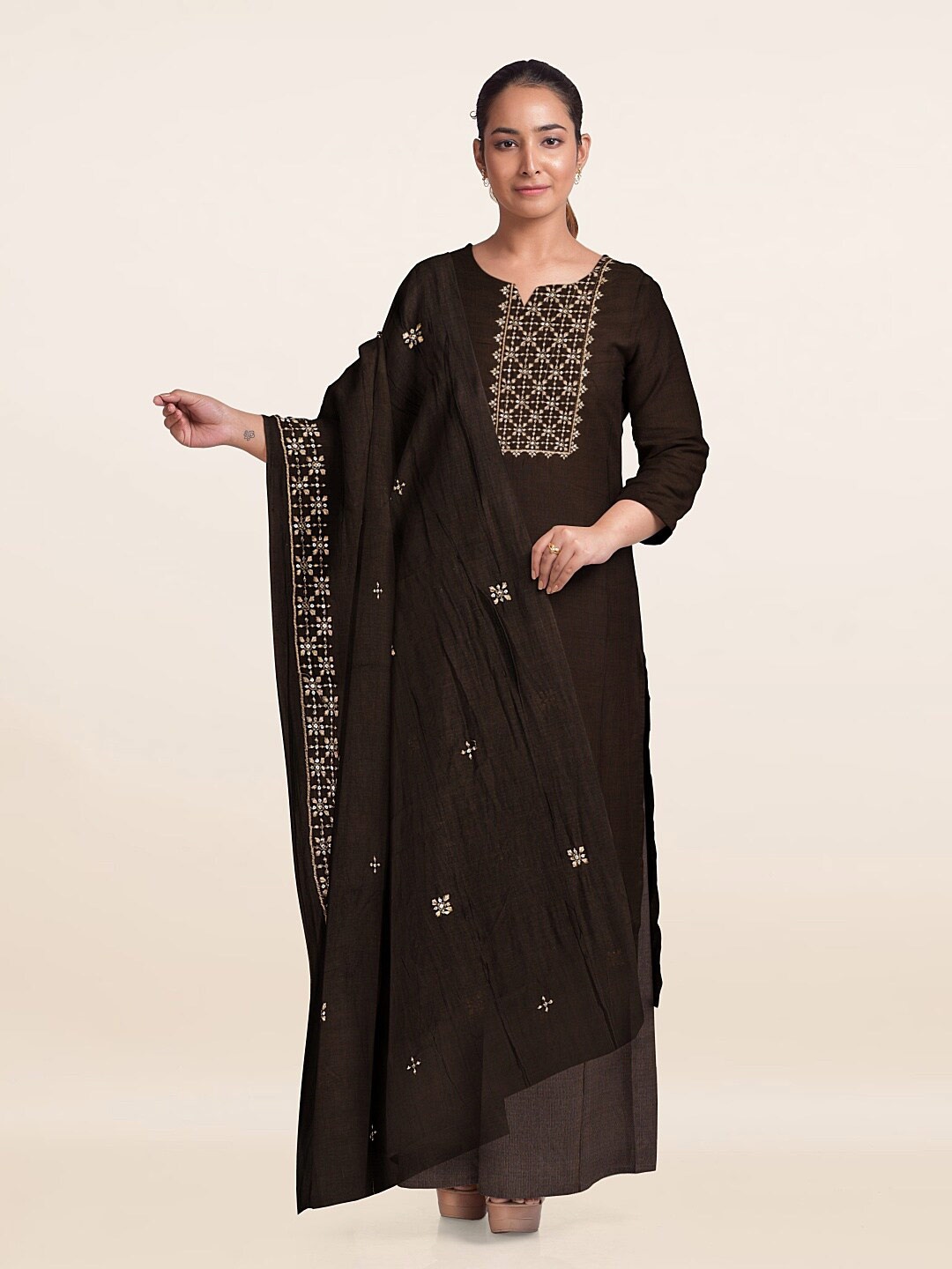 

Pothys Embroidered Unstitched Dress Material, Brown