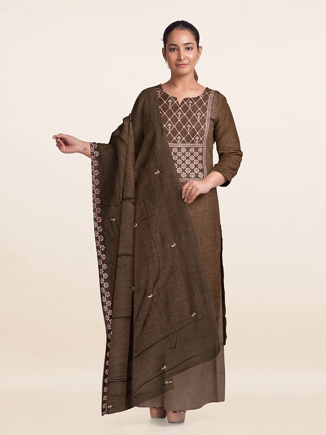 

Pothys Embroidered Unstitched Dress Material, Brown