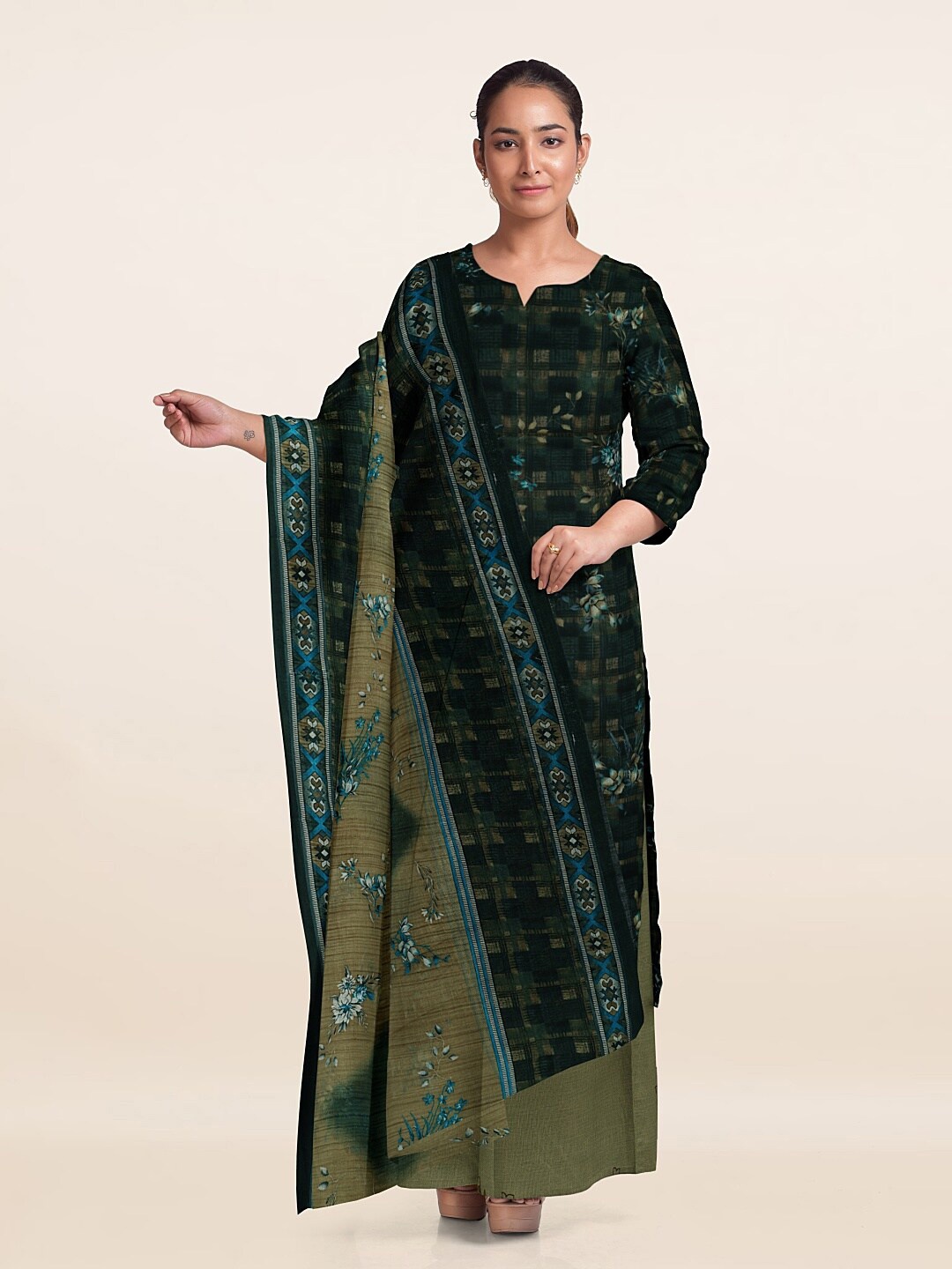 

Pothys Floral Printed Unstitched Dress Material, Green