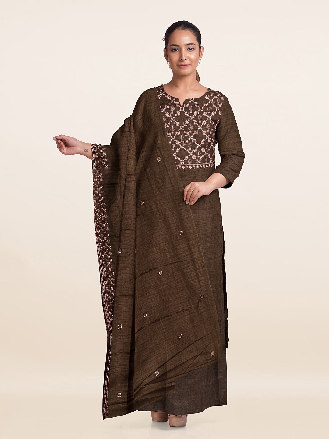 

Pothys Embroidered Unstitched Dress Material, Brown