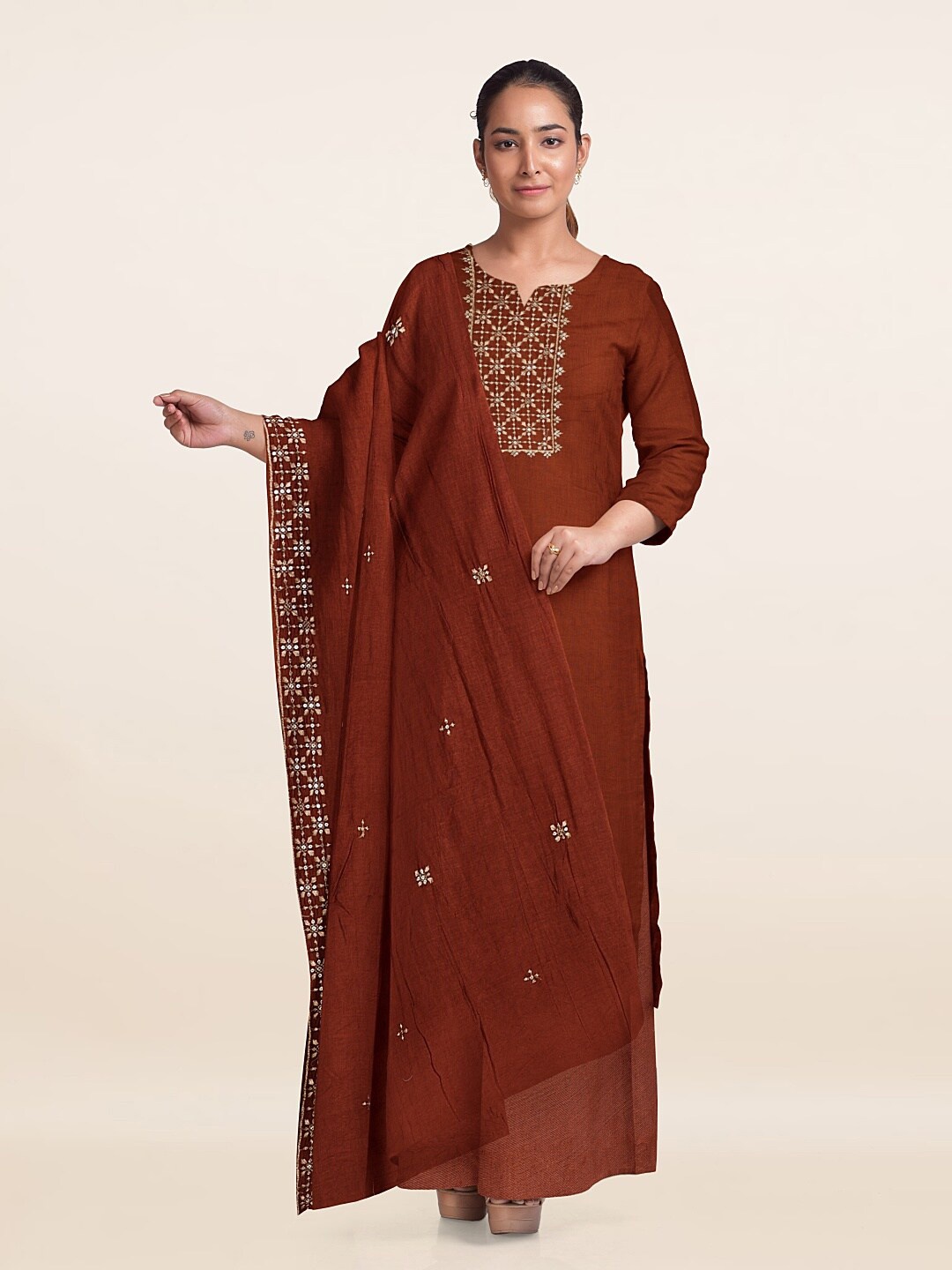 

Pothys Embroidered Unstitched Dress Material, Rust