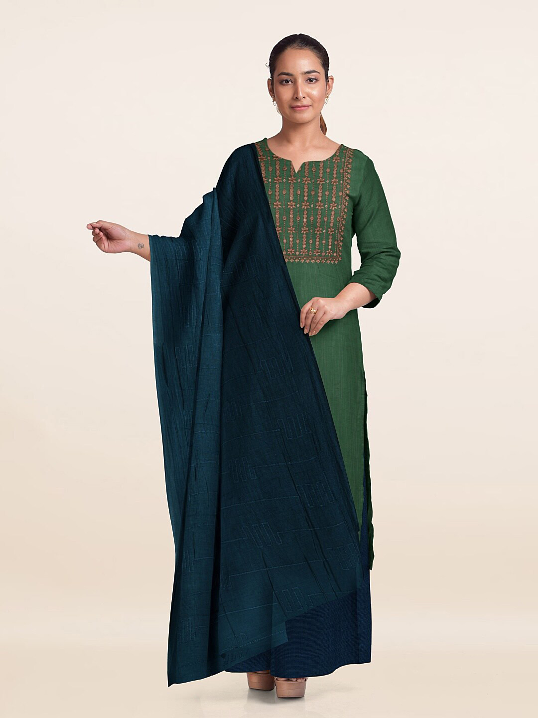 

Pothys Embroidered Unstitched Dress Material, Green