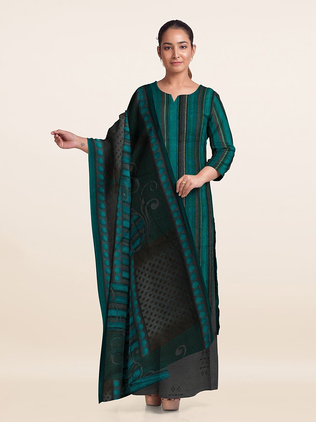 

Pothys Printed Unstitched Dress Material, Teal