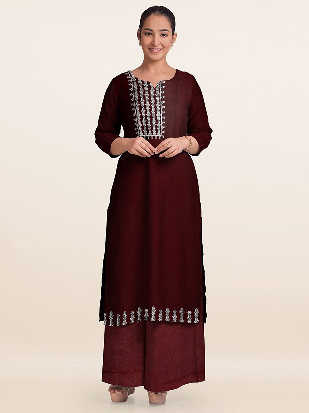 

Pothys Maroon & Silver-Toned Embroidered Unstitched Dress Material