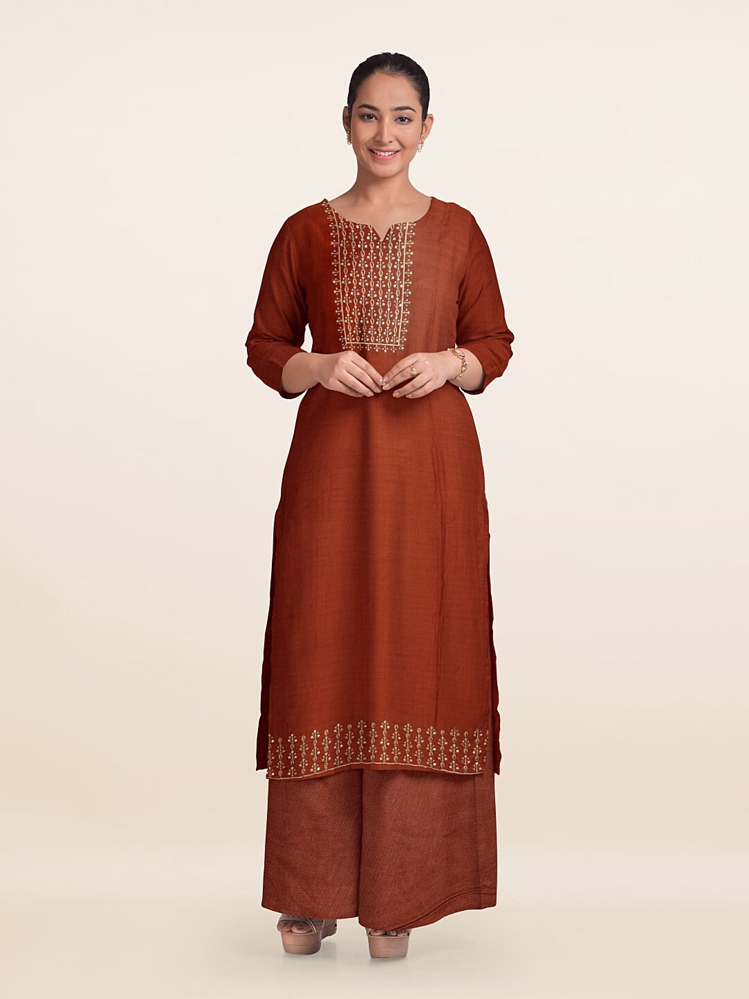 

Pothys Embroidered Unstitched Dress Material, Rust