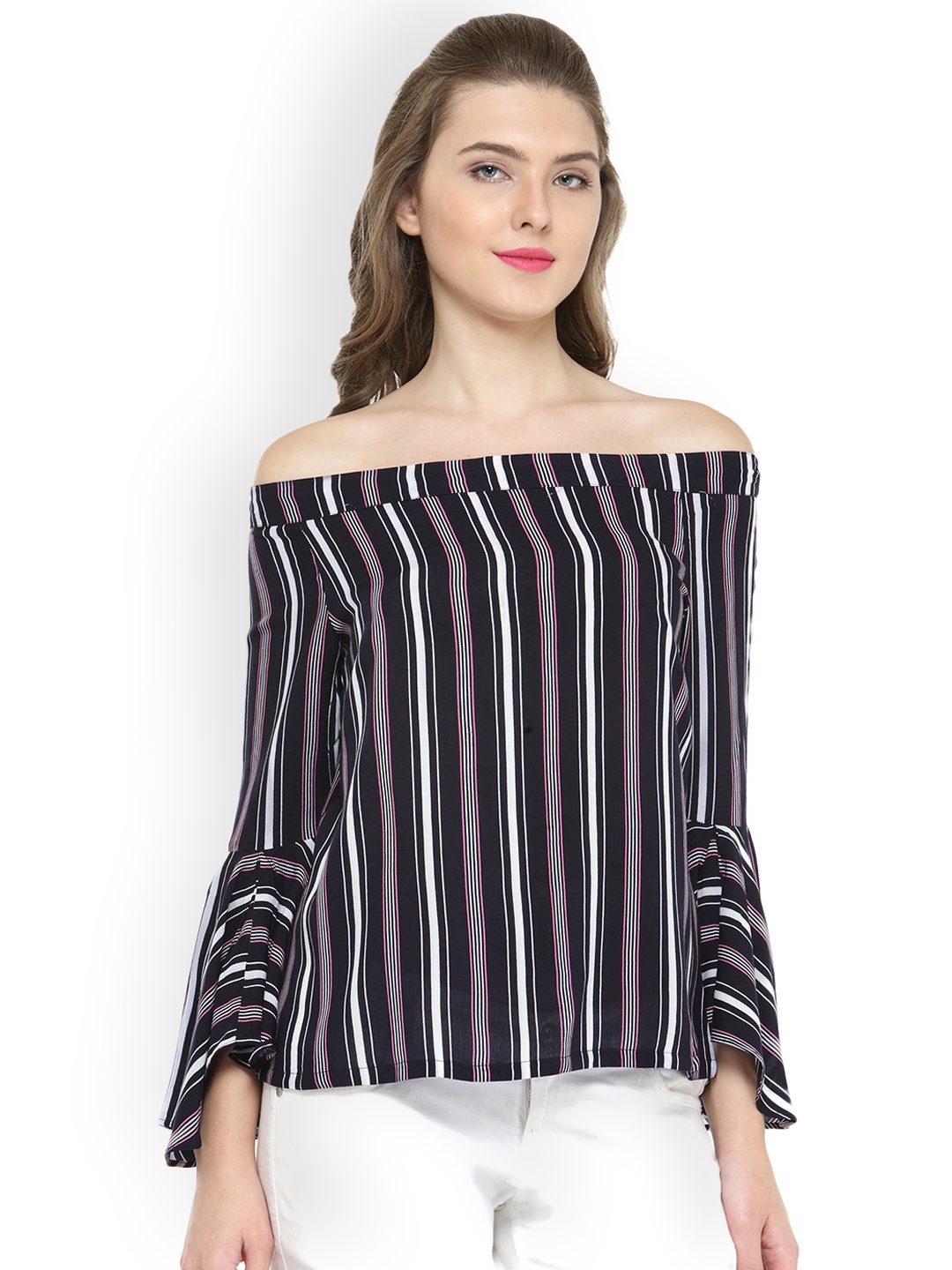 

Gipsy Women Navy & White Striped Off-Shoulder Top, Navy blue