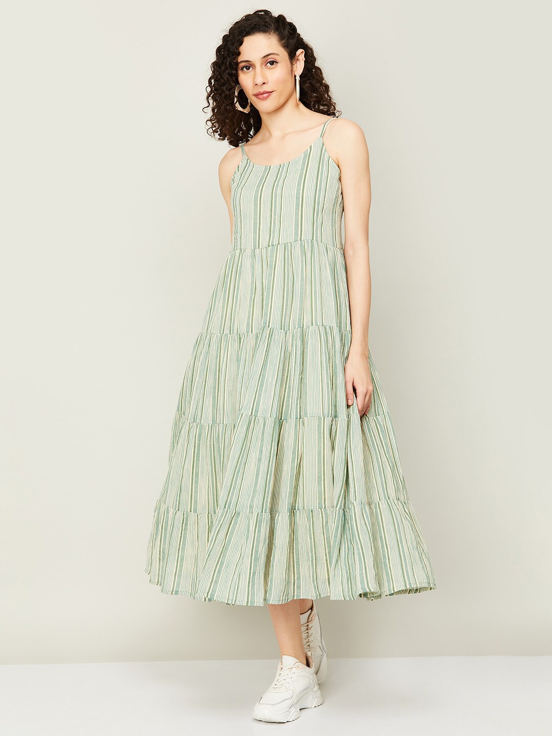 

Colour Me by Melange Striped Fit And Flare Cotton Midi Dress, Green