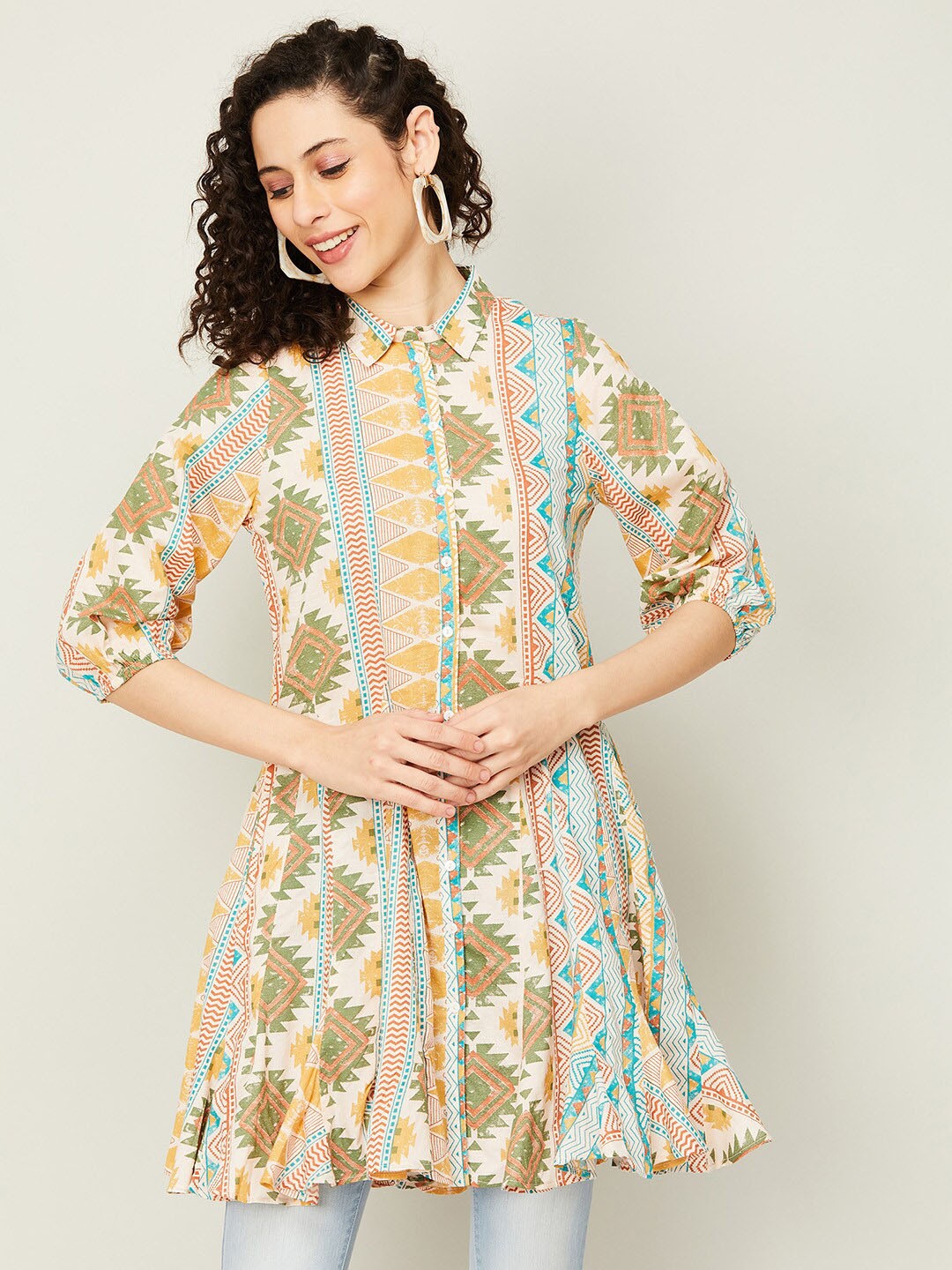 

Colour Me by Melange Ethnic Motifs Printed Shirt Collar Pure Cotton Kurti, White