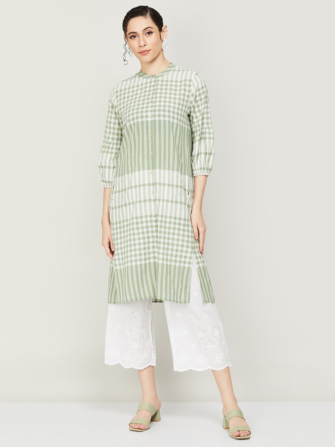 

Colour Me by Melange Women Pure Cotton Checked Kurta, Green