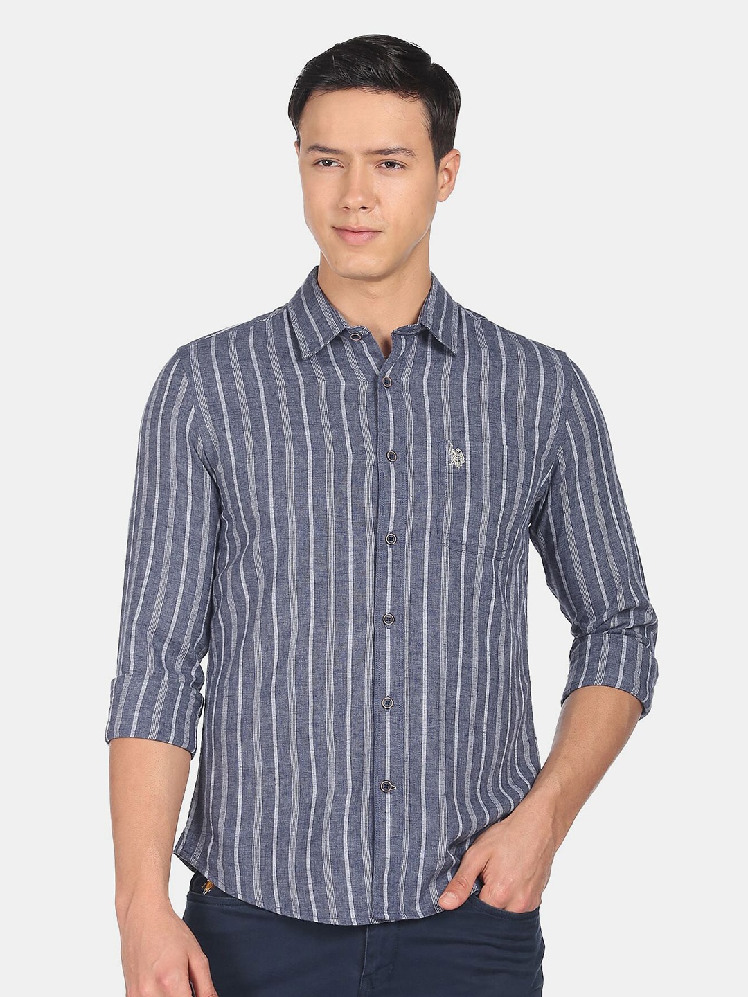 

U.S. Polo Assn. Denim Co. Men Slim Fit Striped Casual Shirt, Blue