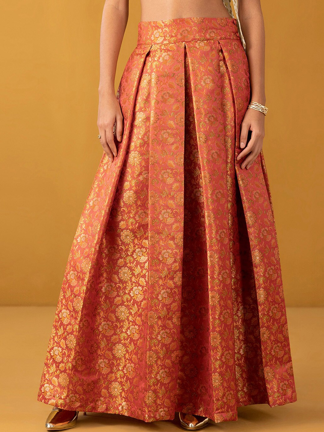 

Marigold by FableStreet Printed Pleated Flared Maxi Skirt, Pink