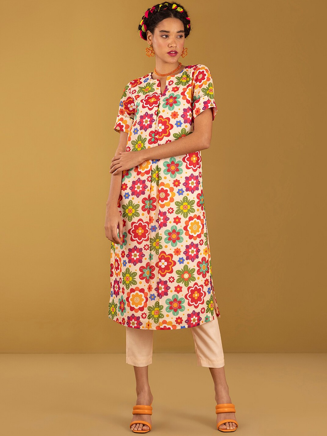 

Pink Fort Women Floral Printed Pleated Kurta with Trousers, Cream