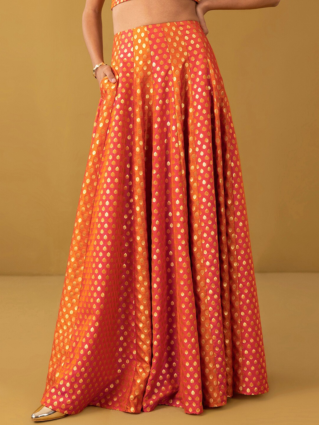 

Pink Fort Woven Design Flared Maxi Skirt, Orange