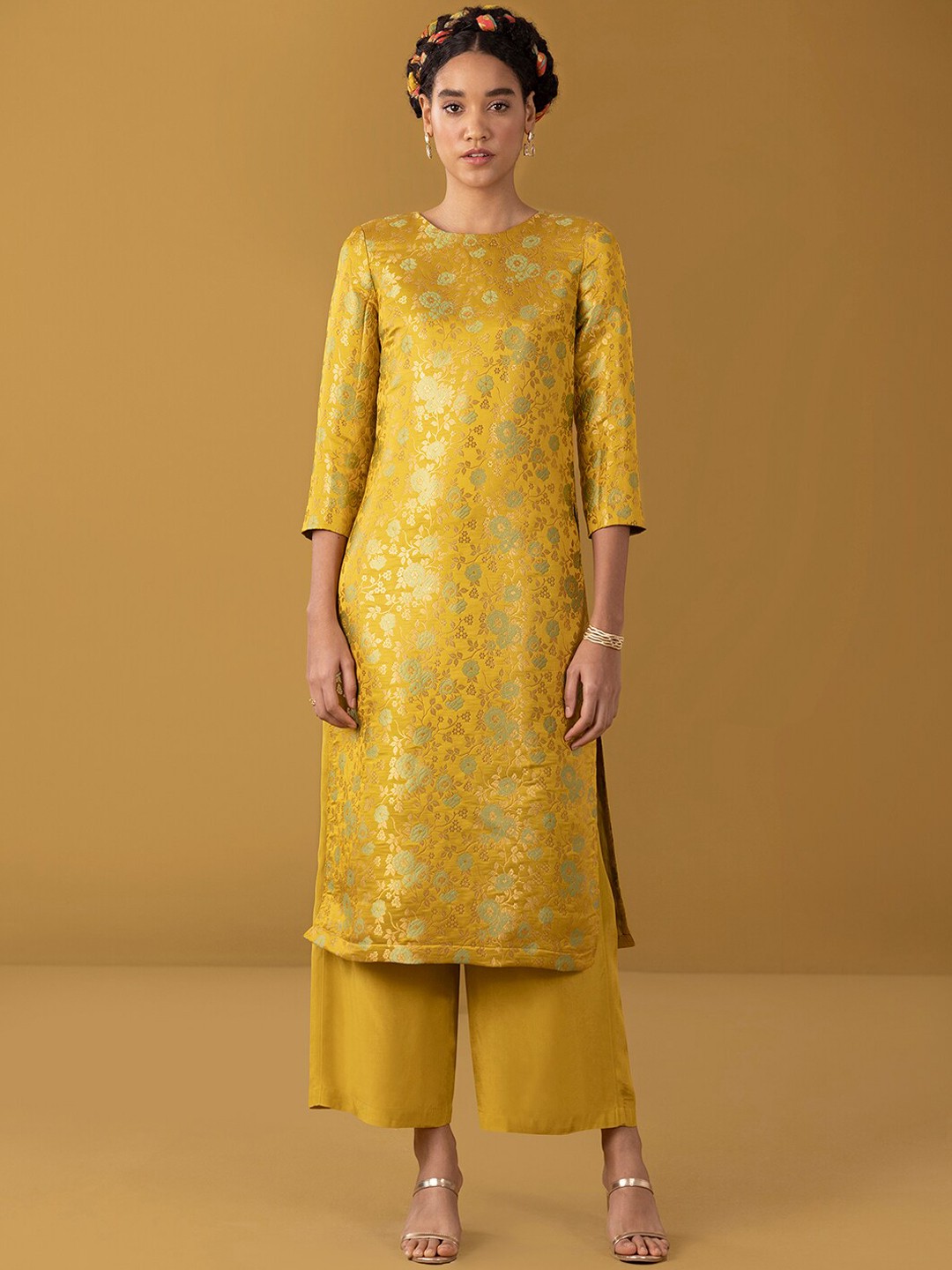 

Pink Fort Women Floral Kurta with Palazzos, Yellow