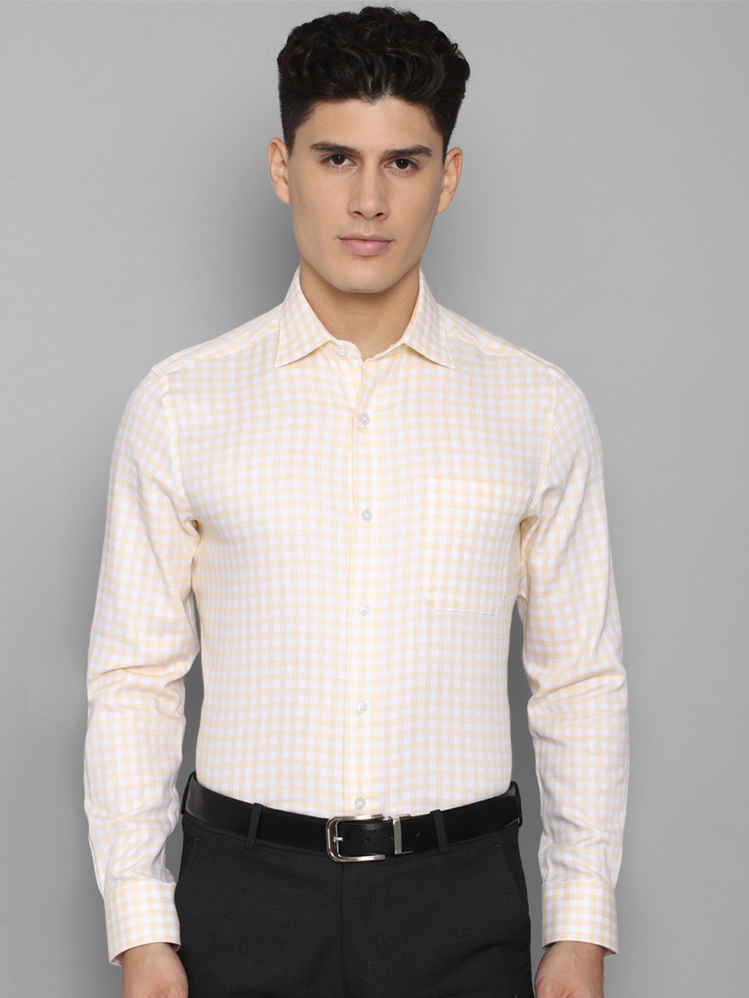 

Louis Philippe Permapress Men Grid Tattersall Checked Wrinkle Free Formal Cotton Shirt, Cream