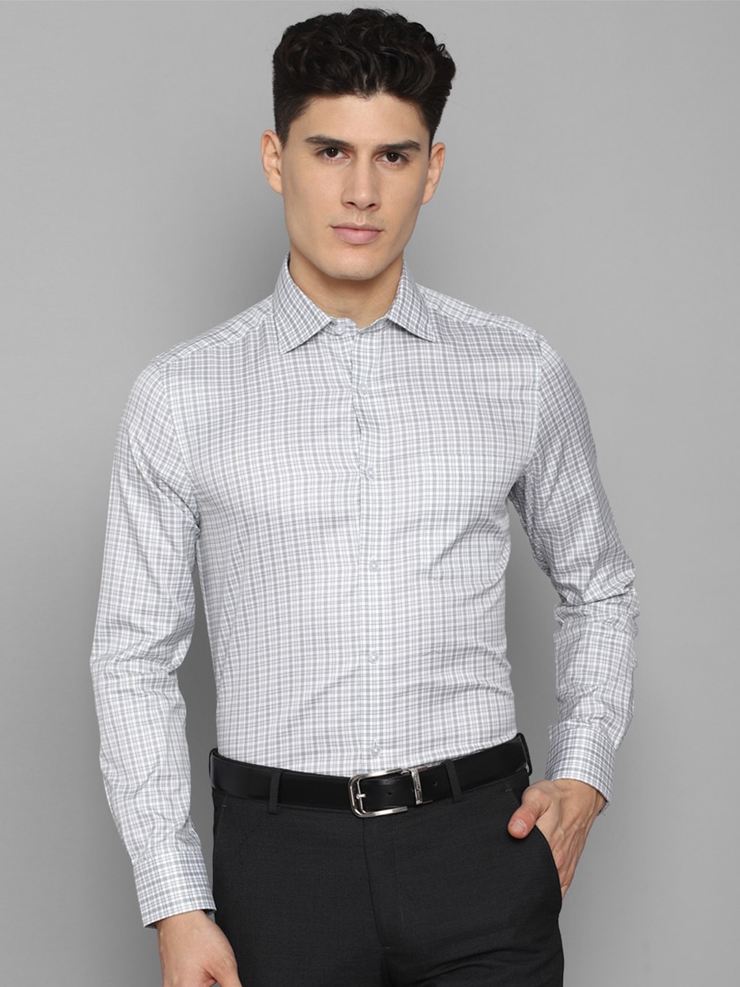 

Louis Philippe Men Grid Tattersall Checked Formal Cotton Shirt, Grey