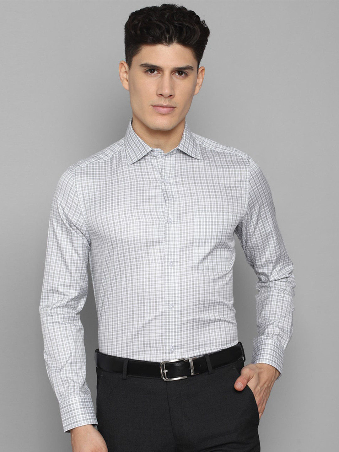 

Louis Philippe Men Grid Tattersall Checked Cotton Formal Shirt, Grey