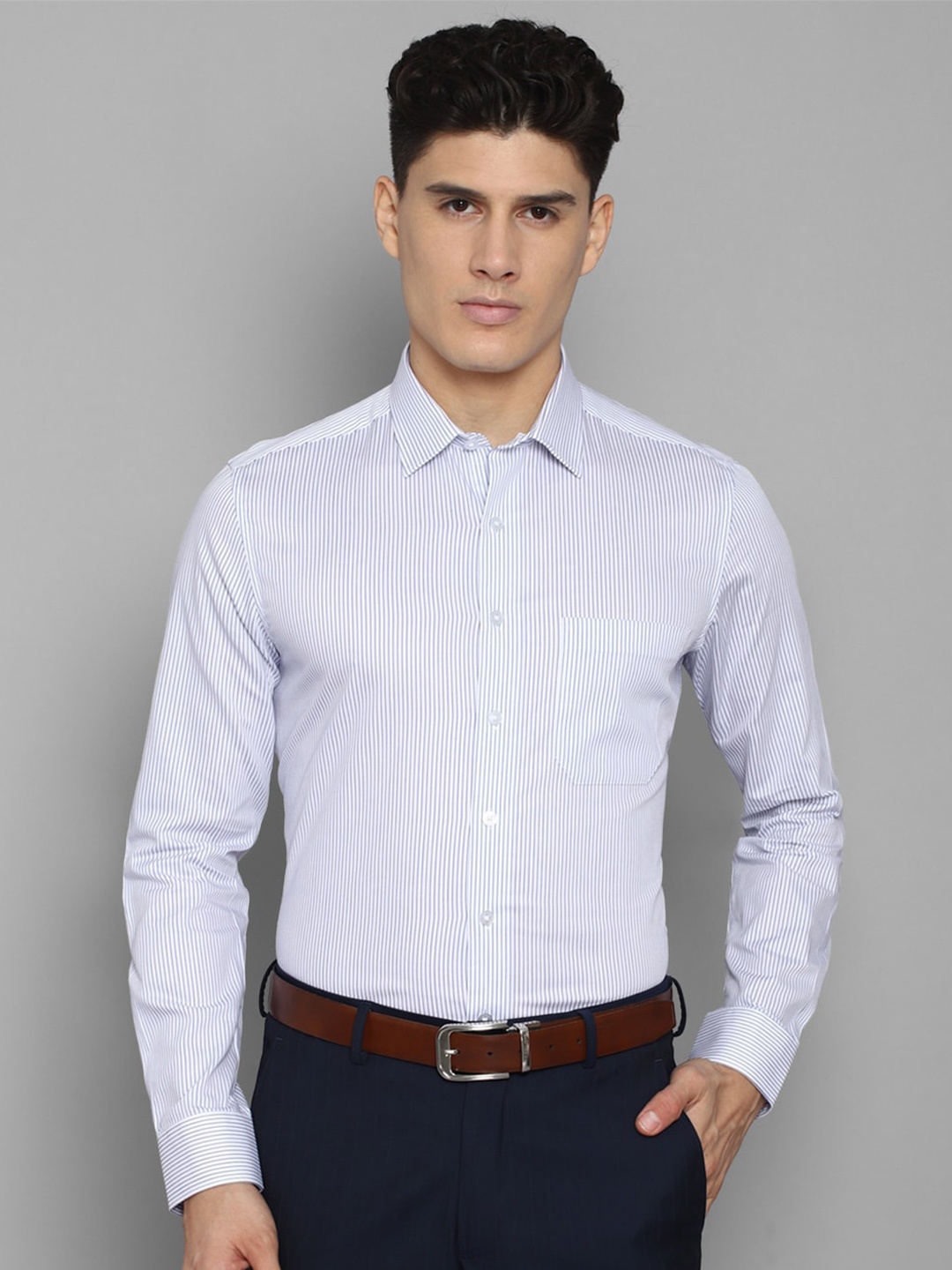 

Louis Philippe Men Slim Fit Striped Formal Pure Cotton Shirt, Blue