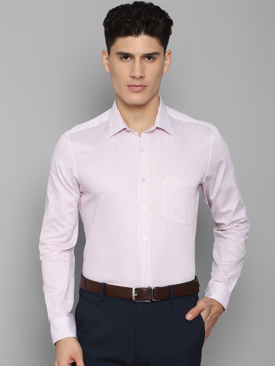 

Louis Philippe Men Slim Fit Striped Formal Pure Cotton Shirt, Pink