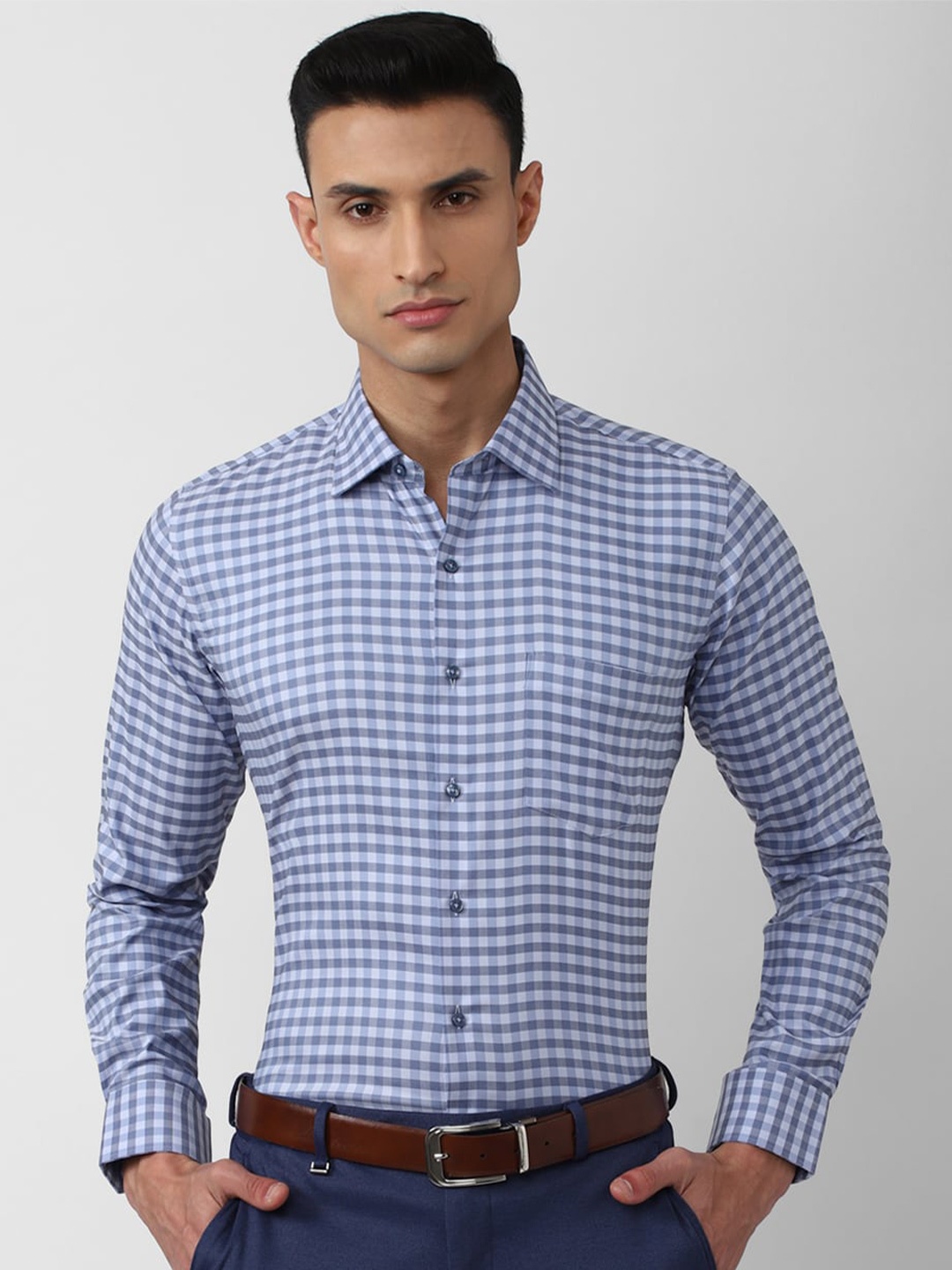 

Van Heusen Men Slim Fit Gingham Checked Formal Cotton Shirt, Blue