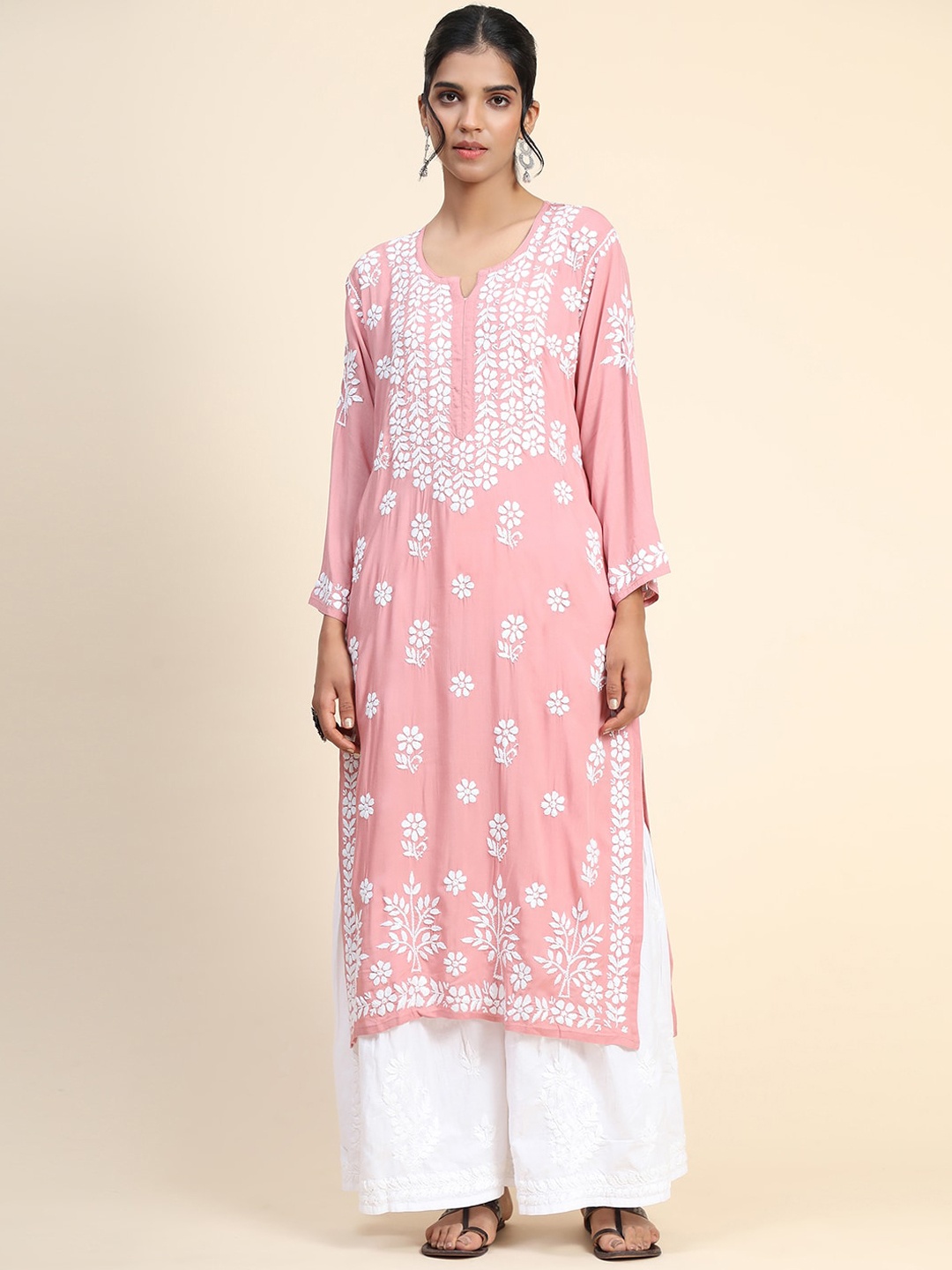 

HOUSE OF KARI Women Cotton Floral Embroidered Kurta, Pink