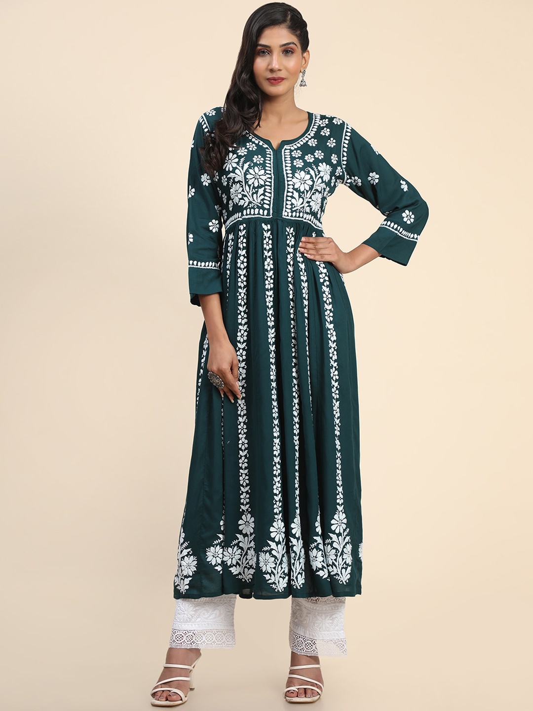 

HOUSE OF KARI Women Cotton Embroidered Anarkali Kurta, Green