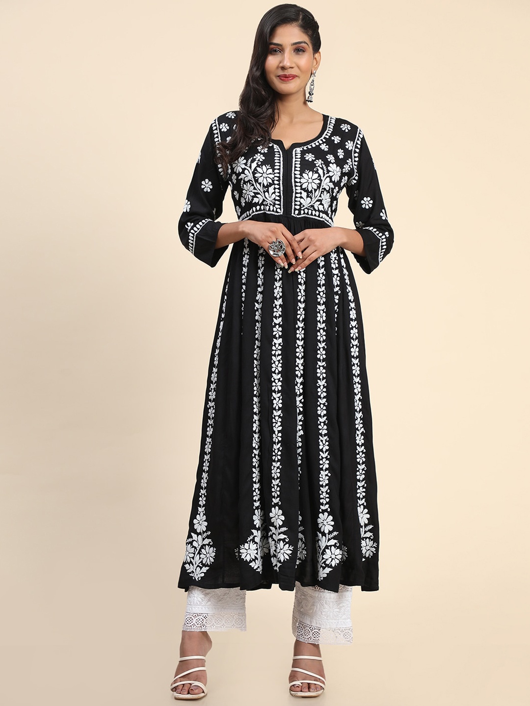 

HOUSE OF KARI Women Cotton Ethnic Motifs Embroidered Anarkali Kurta, Black