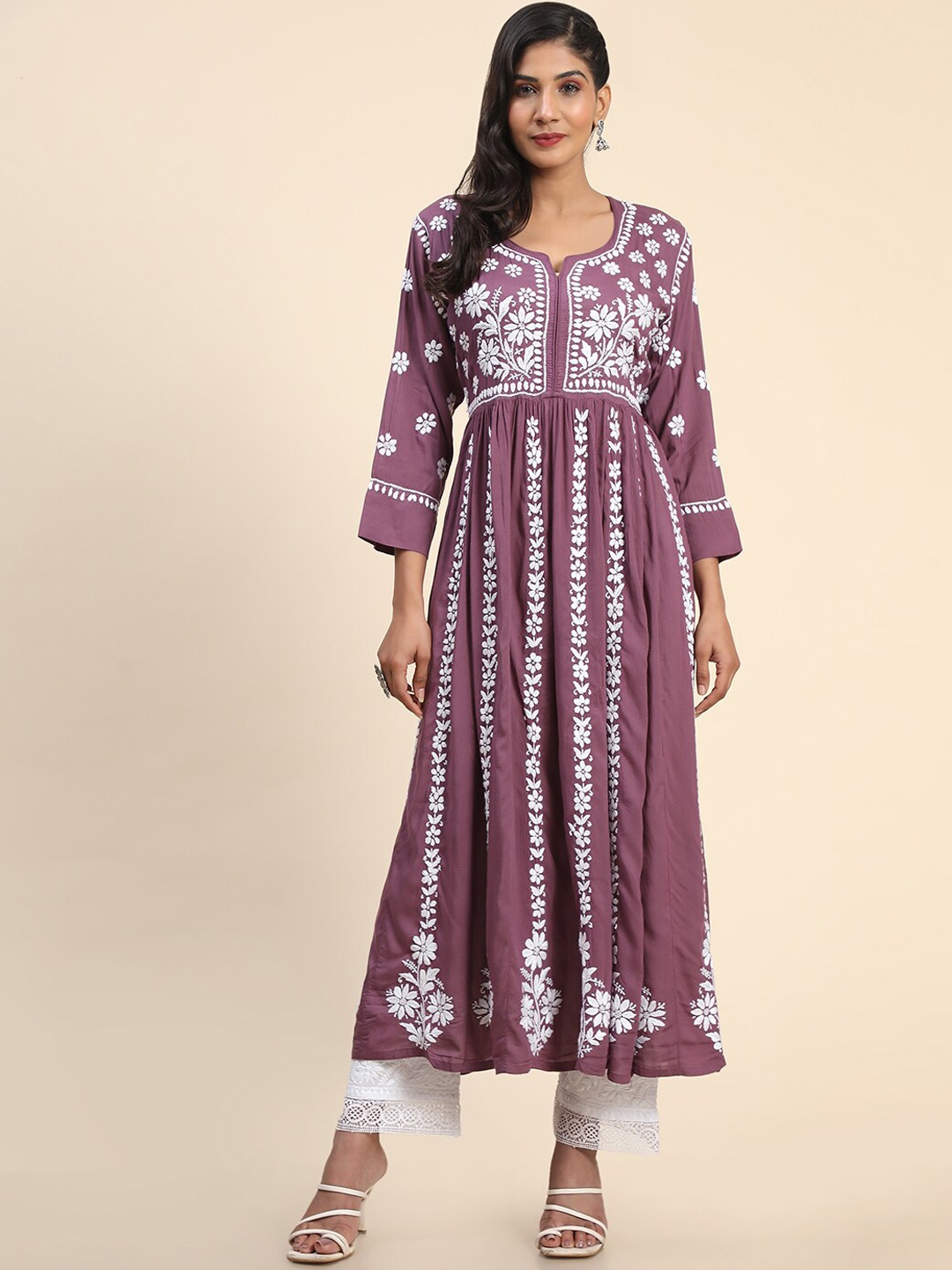 

HOUSE OF KARI Floral Embroidered Thread Work Pastels Cotton Anarkali Kurta, Violet