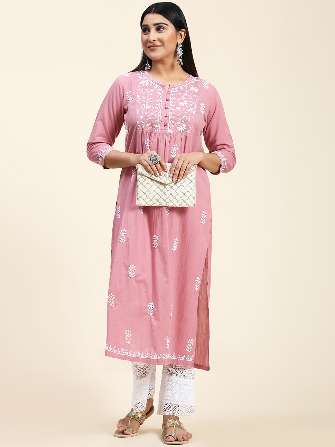 

HOUSE OF KARI Floral Embroidered Chikankari Cotton Kurta, Pink