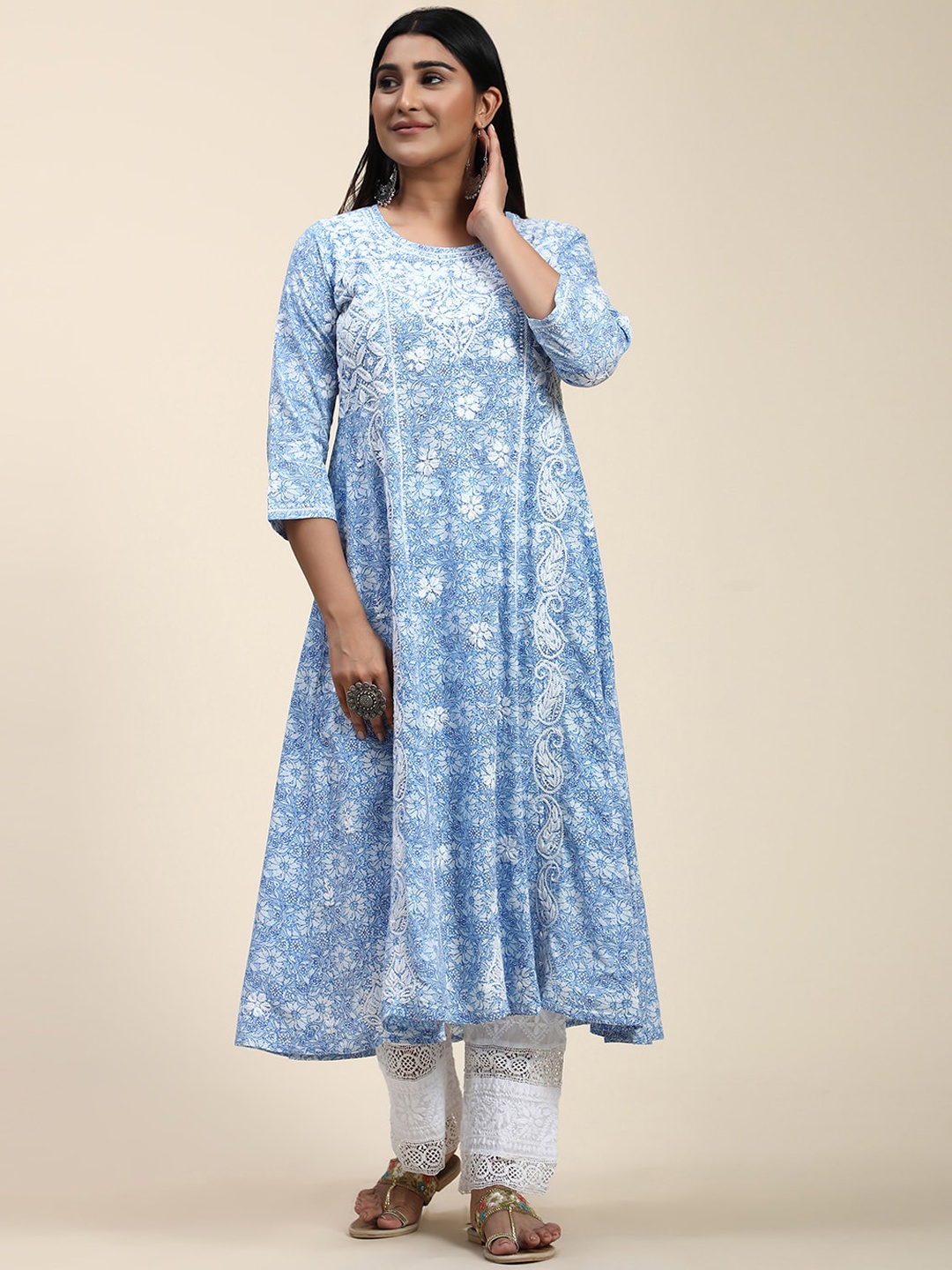 

HOUSE OF KARI Floral Embroidered Chikankari Cotton Anarkali Kurta, Blue