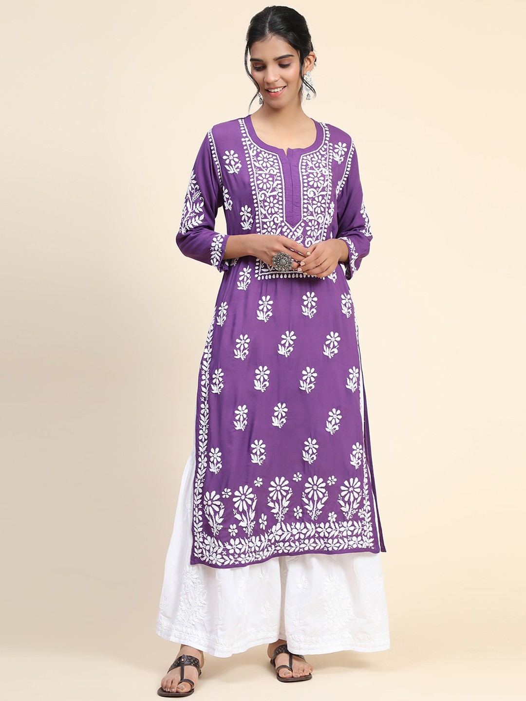 

HOUSE OF KARI Women Purple Ethnic Motifs Yoke Design Mirror Work Kurta