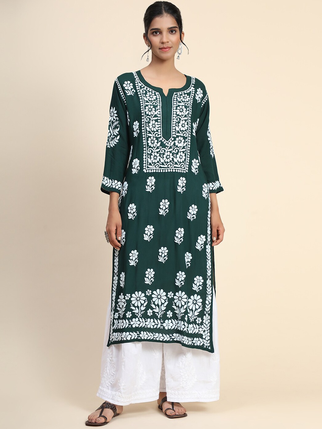 

HOUSE OF KARI Women Ethnic Motifs Embroidered Thread Work Cotton Kurta, Green