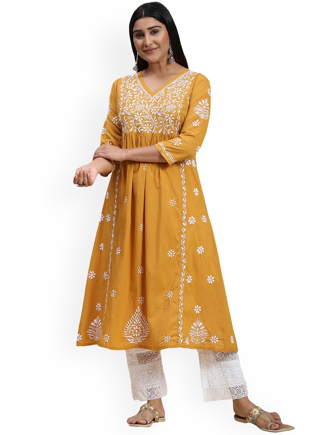 

HOUSE OF KARI Women Floral Embroidered Thread Work Anarkali Cotton Kurta, Mustard