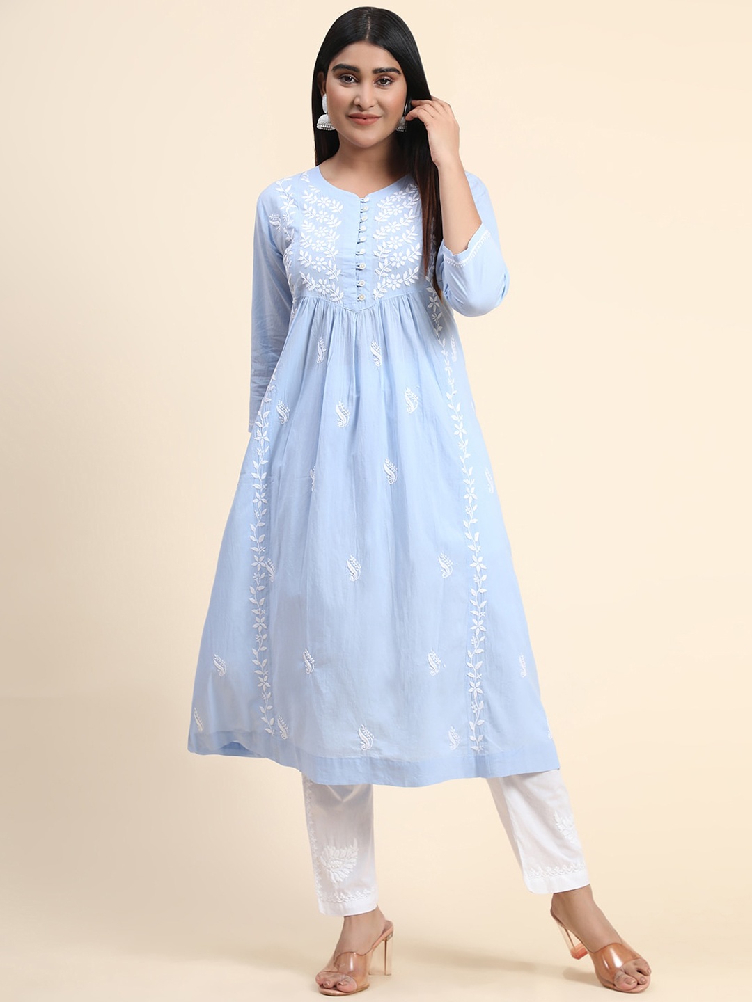 

HOUSE OF KARI Women Floral Embroidered Thread Work Cotton Kurta, Blue