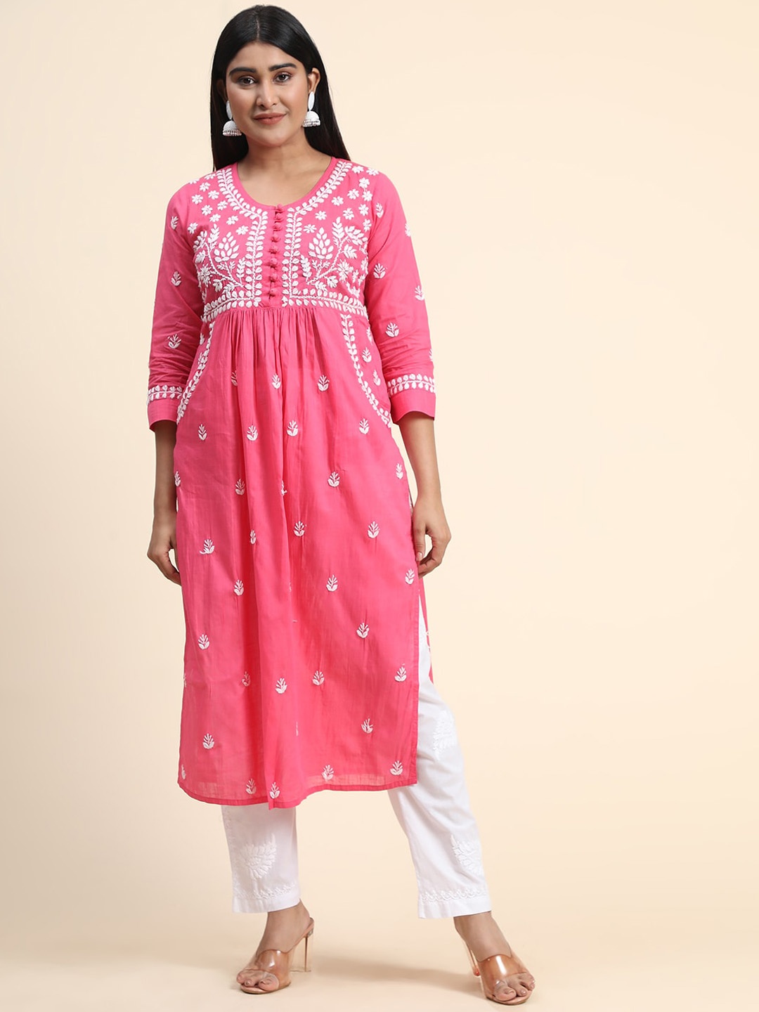 

HOUSE OF KARI Women Ethnic Motifs Embroidered Cotton Kurta, Pink
