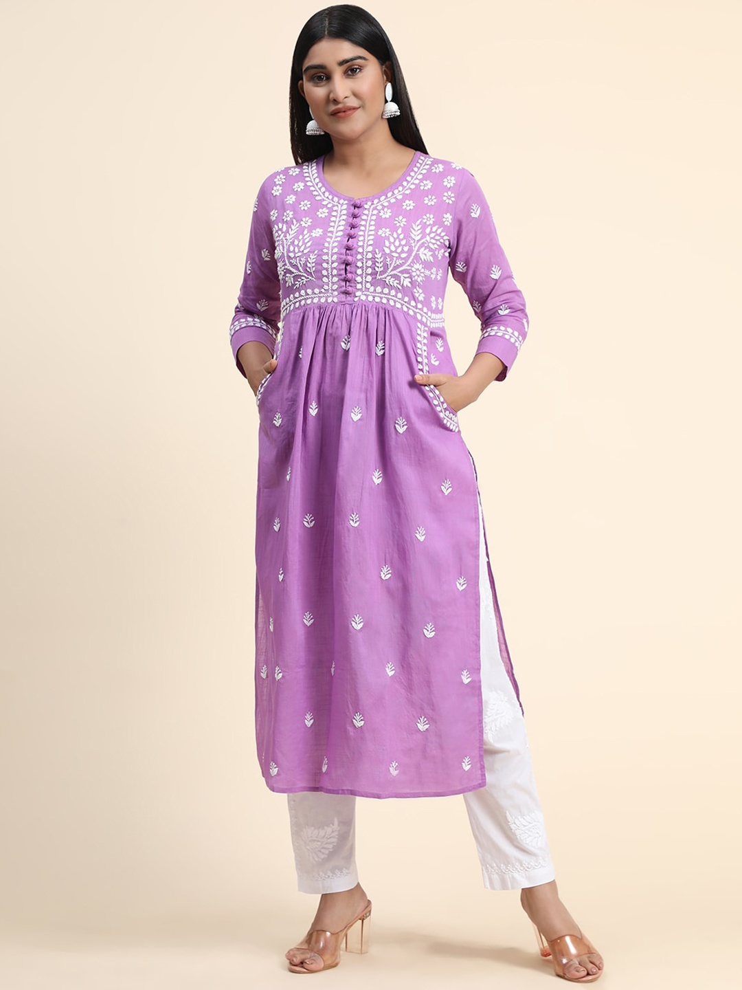 

HOUSE OF KARI Women Floral Embroidered Thread Work Anarkali Cotton Kurta, Purple