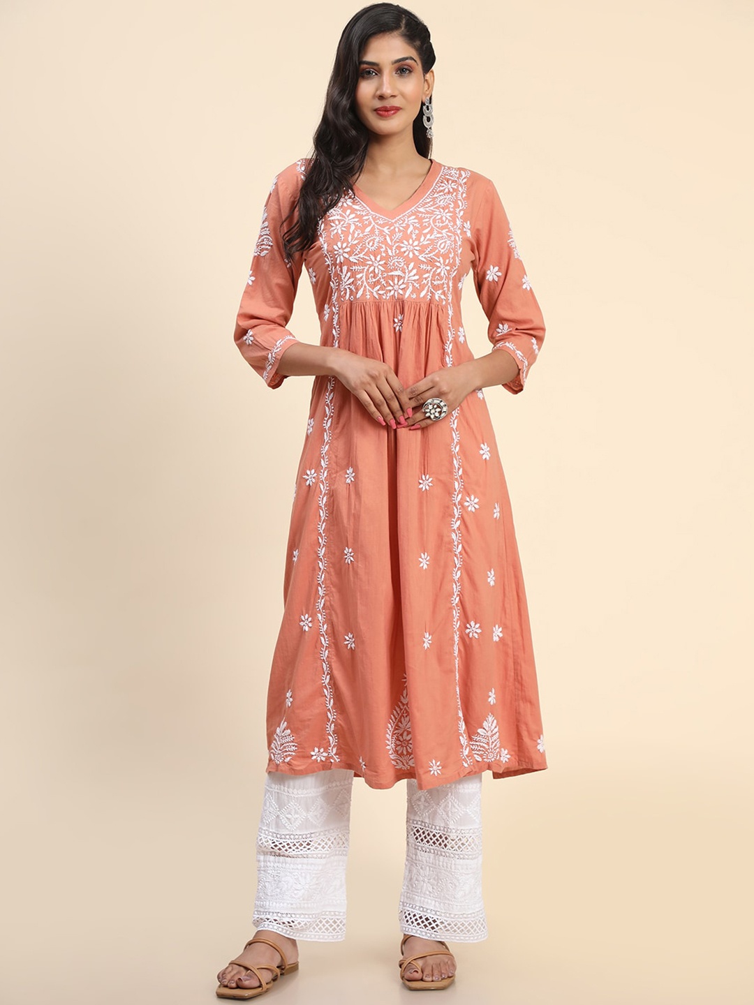 

HOUSE OF KARI Women Floral Embroidered Thread Work Anarkali Cotton Kurta, Coral