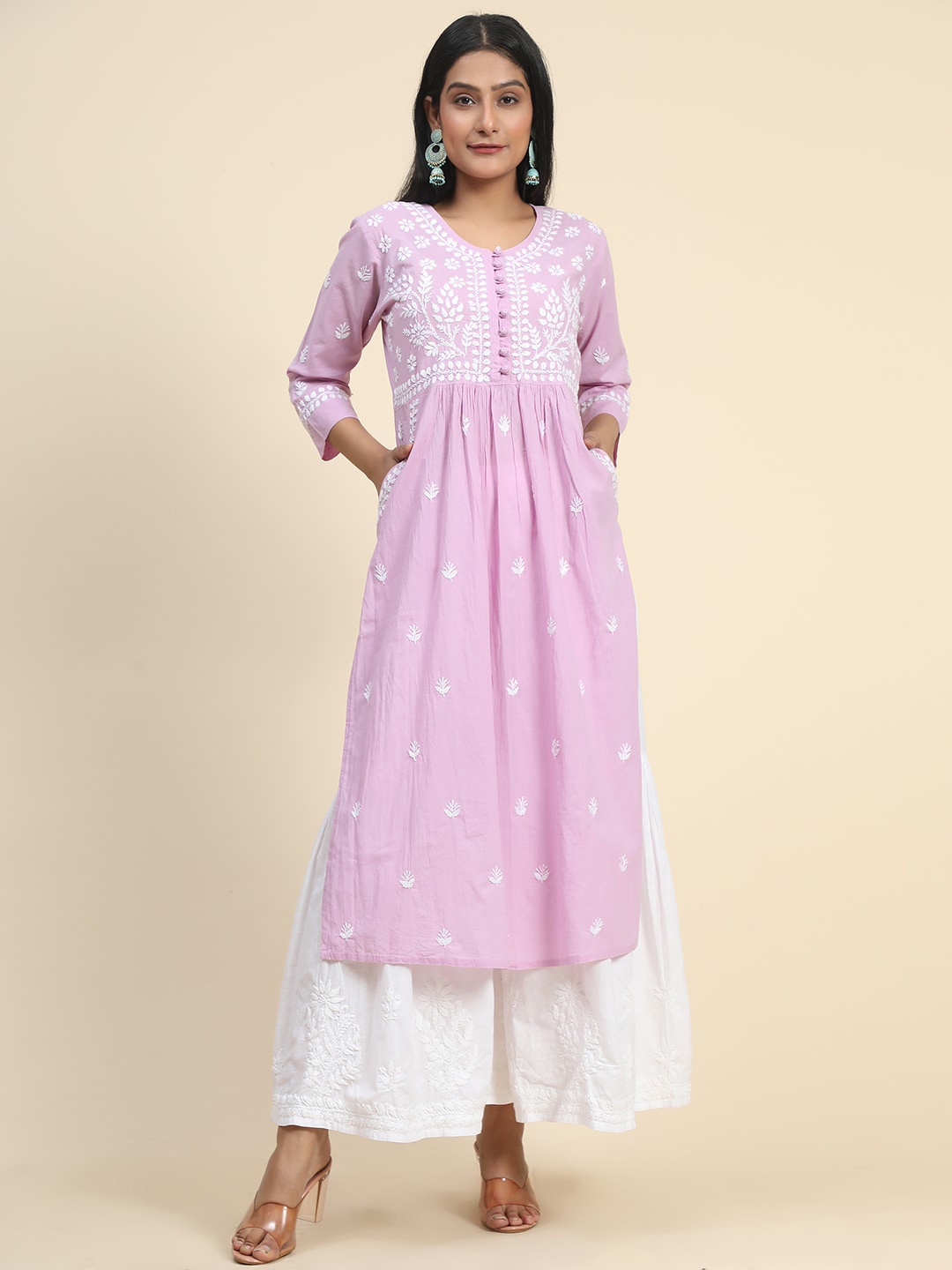 

HOUSE OF KARI Women Floral Embroidered Thread Work Anarkali Cotton Kurta, Lavender