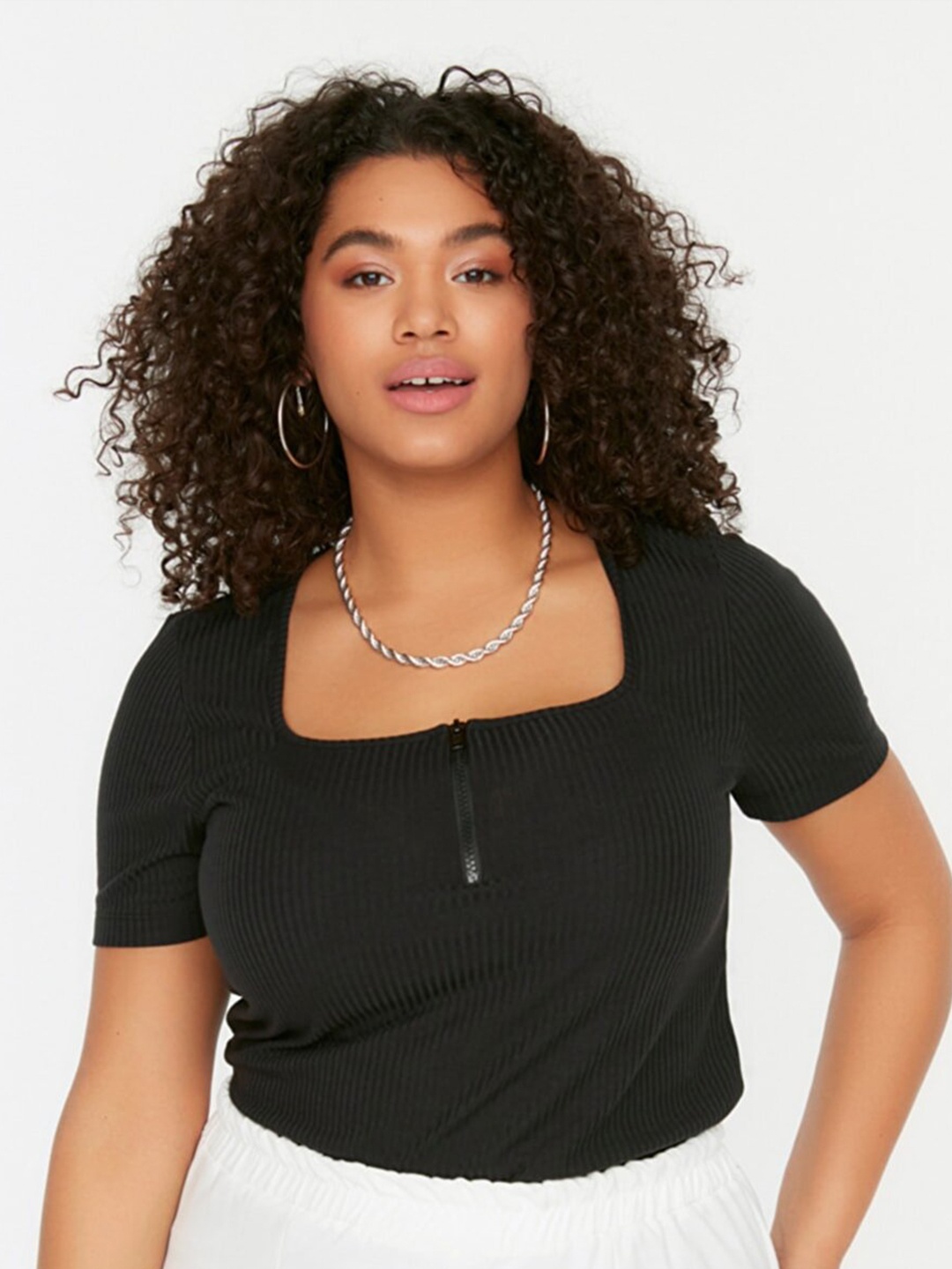 Trendyol Plus Size Square Neck Crop Top, Black