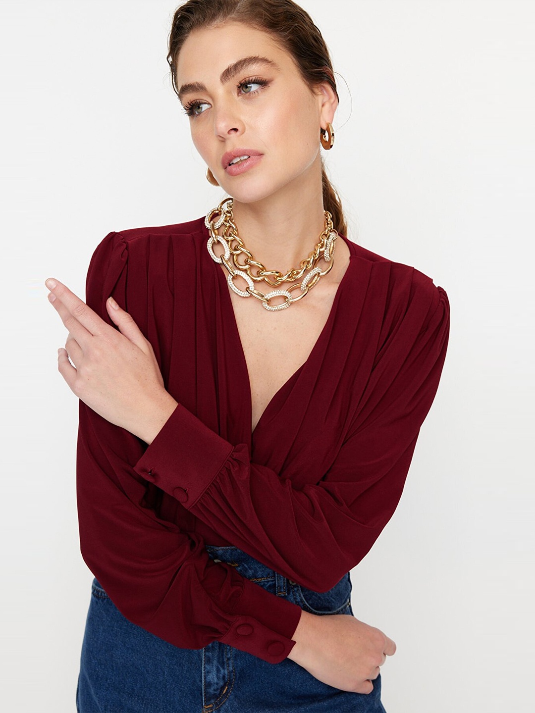 

Trendyol Puff Sleeves V-Neck Wrap Top, Burgundy