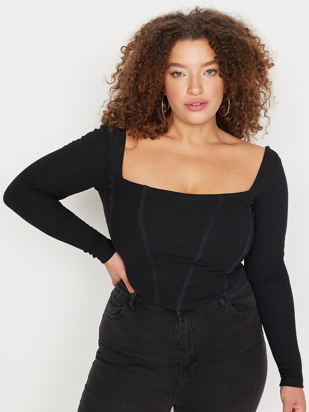 

Trendyol Plus Size Square Neck Crop Top, Black