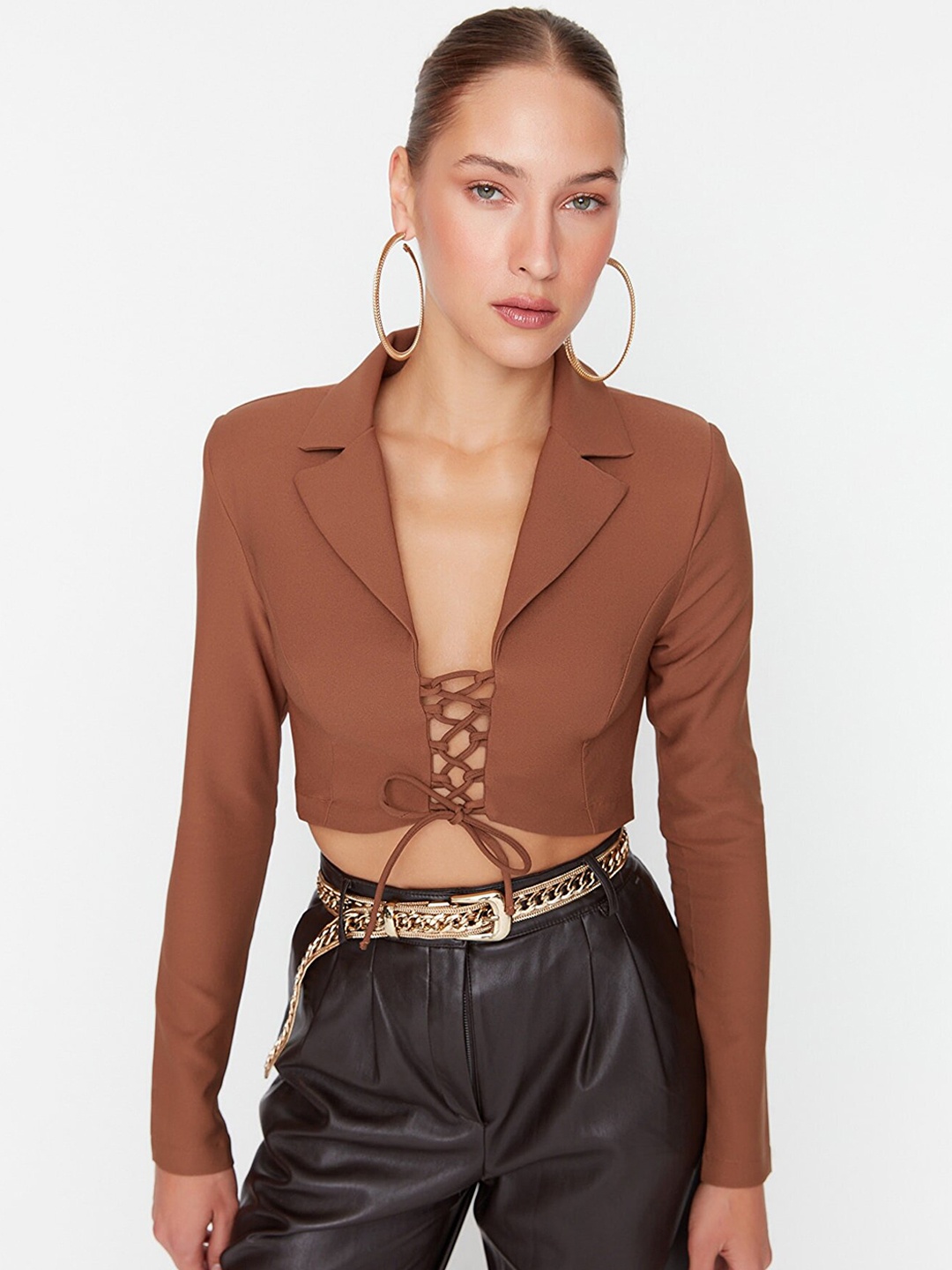 

Trendyol Shirt Style Tie-Up Crop Top, Brown