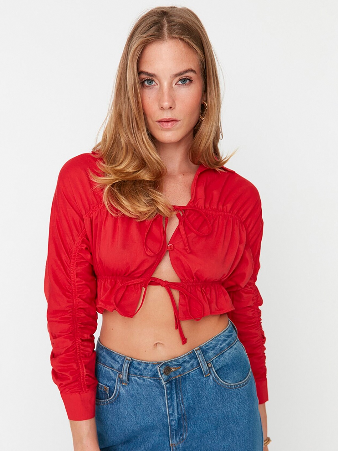 

Trendyol Shirt Collar Blouson Crop Top, Red