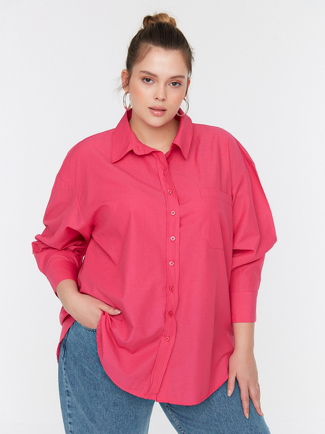 

Trendyol Women Plus Size Spread collar Casual Shirt, Pink