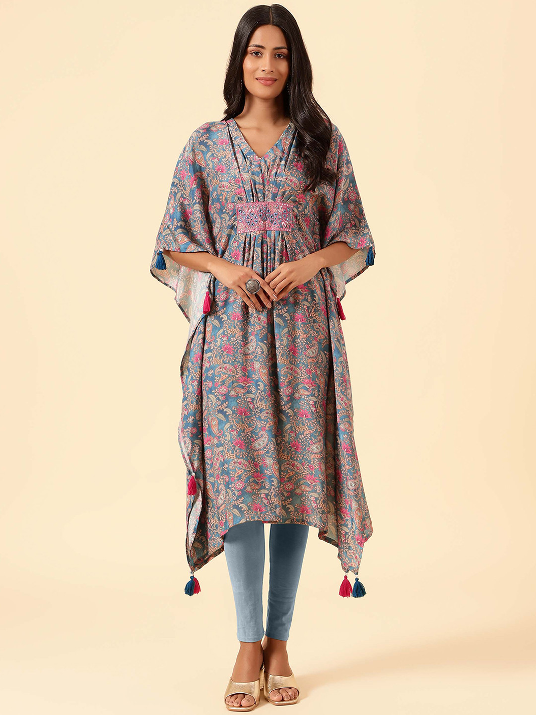 

Meena Bazaar Women Paisley Printed Flared Sleeves Mirror Work Kaftan Kurta, Blue