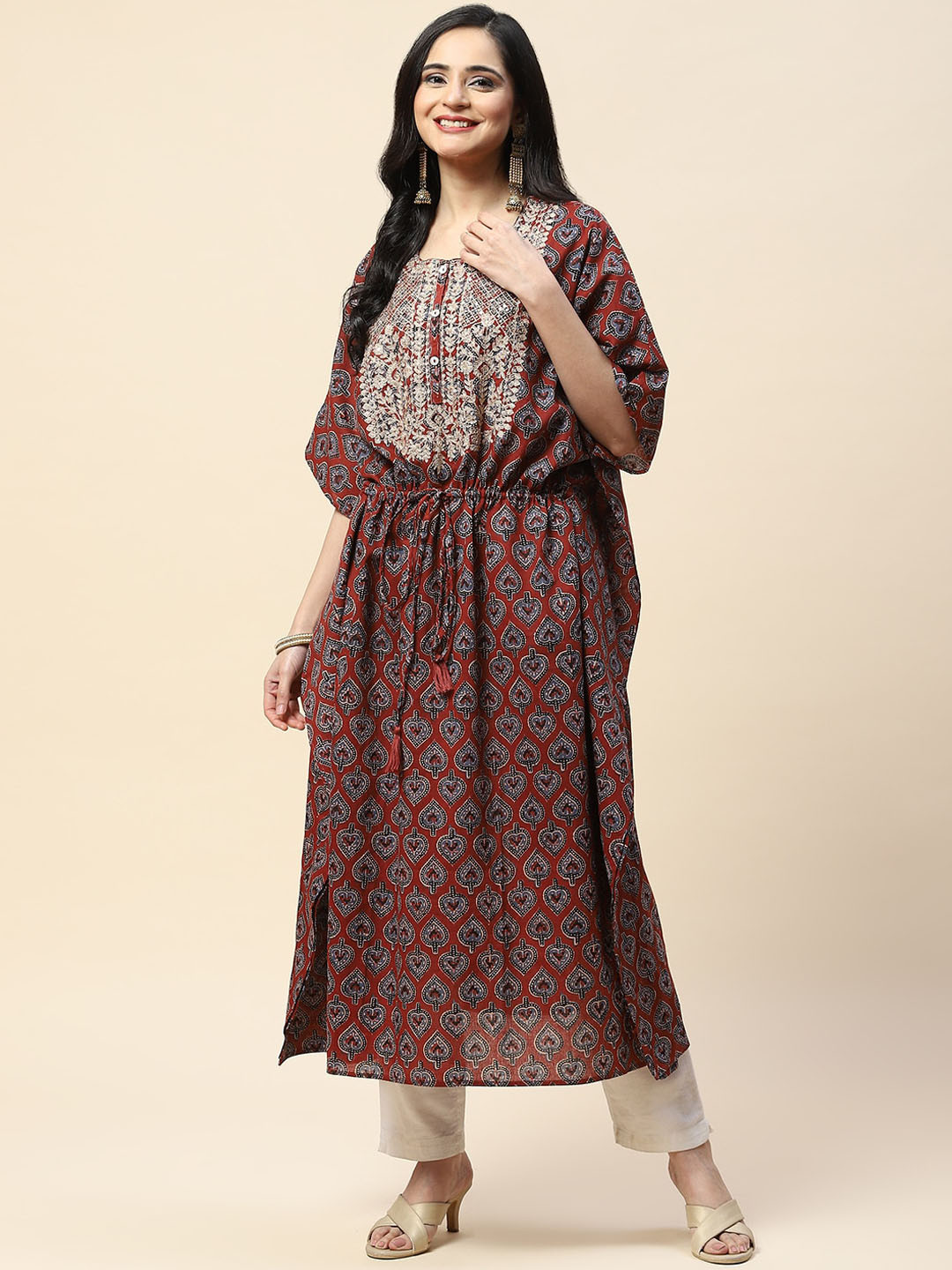 

Meena Bazaar Women Ethnic Motifs Printed Thread Work Cotton Kaftan Kurta, Maroon