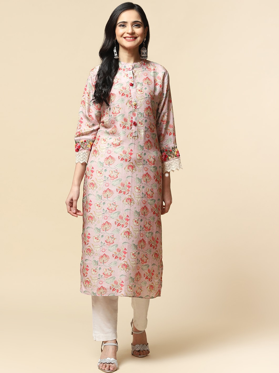 

Meena Bazaar Women Floral Printed Cotton Kurta, Pink